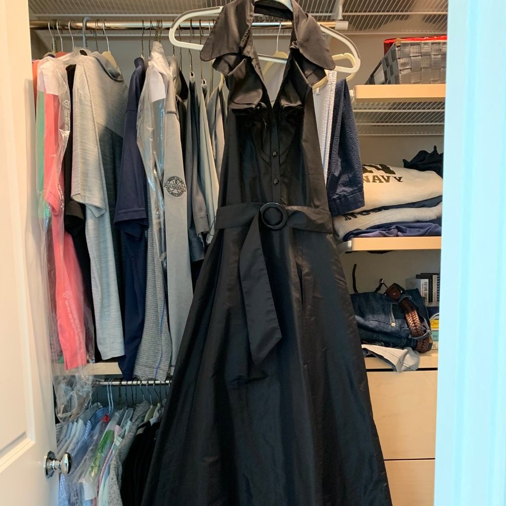 Black Silk Halter Gown Belted w/ Ruffle Collar